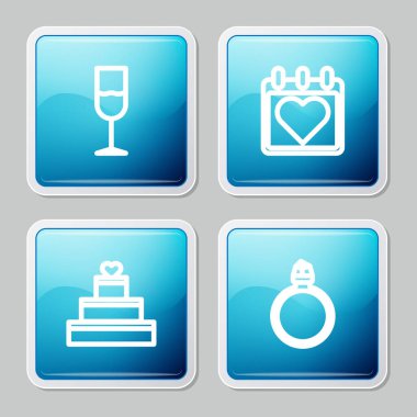 Çizgi şarap kadehi, kalpli takvim, düğün pastası ve elmas nişan yüzüğü ikonu. Vektör.