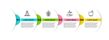 Sıraya dizilin. Yığın sıcak taşlar, bitki, yaprak ve havan topu. Ticari bilgi şablonu. Vektör