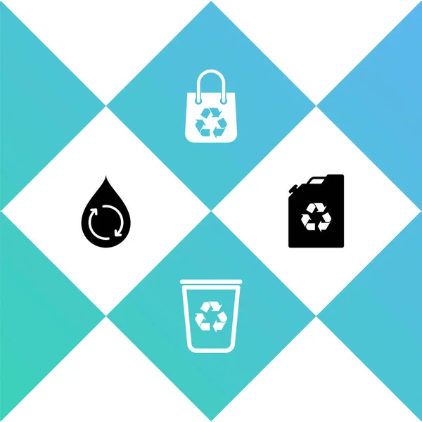 Set Recycle Clean Aqua Bin Recycle Shopping Bag Eco Fuel — Stock Vector