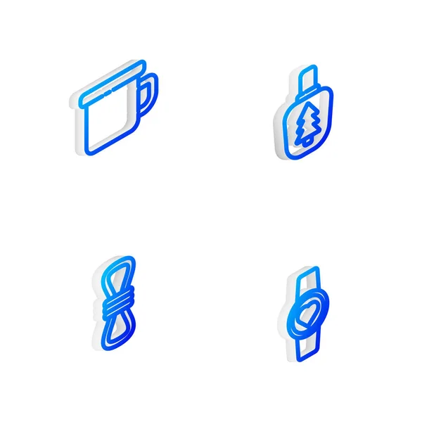 Zestaw Isometric Line Butelka Wody Stołówki Camping Metalowy Kubek Linka — Wektor stockowy