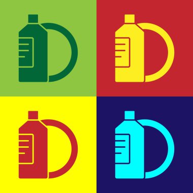 Pop Art Bulaşık Sıvısı Şişesi ve Tabak Simgesi Renk arka planında izole. Bulaşık yıkamak için sıvı deterjan. Vektör İllüstrasyonu.