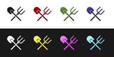 Kürek ve tırmık simgesini siyah ve beyaz arkaplanda izole et. Bahçecilik, tarım, bahçıvanlık, çiftçilik aletleri. Toprak işçisi. Vektör.