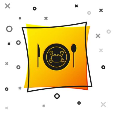 Beyaz arka planda izole edilmiş bir tabak ikonunda siyah yengeç. Sarı kare düğme. Vektör..