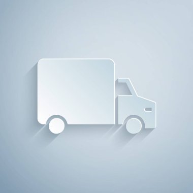 Kağıt kesiği kargo kamyonu ikonu gri arka planda izole edilmiş. Kağıt sanatı tarzı. Vektör.