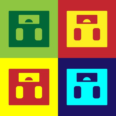 Pop Art Banyo Ölçekleri simgesi renk arkaplanında izole edildi. Ağırlık ölçme ekipmanı. Ağırlık ölçeği spor konsepti. Vektör.