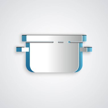 Kağıt kesiği, gri arkaplanda izole edilmiş tencere ikonu. Haşlama ya da güveç besin sembolü. Kağıt sanatı tarzı. Vektör.