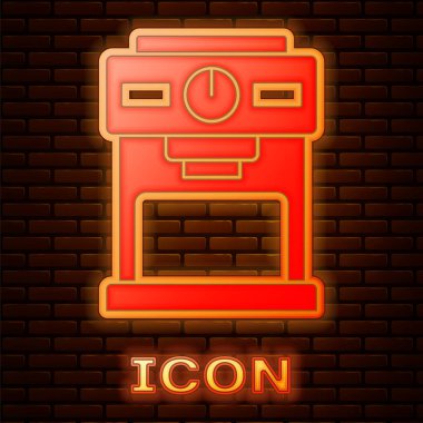 Parlayan neon kahve makinesi simgesi tuğla duvar arkasında izole edilmiş. Vektör.