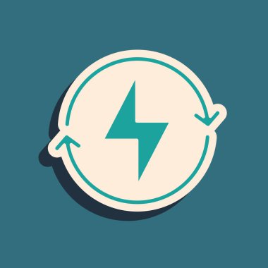 Yeşil Şimşek simgesi yeşil arkaplanda izole edildi. Flaş işareti. Flaş ikonunu yükle. Gök gürültüsü. Yıldırım çarpması. Uzun gölge tarzı. Vektör.