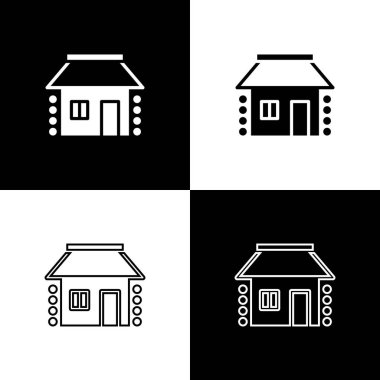 Eski Ukrayna ev kulübesi simgesini siyah beyaz arka planda izole et. Geleneksel köy evi. Vektör.