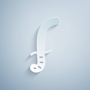 Kağıt kesiği Ortaçağ kılıç simgesi gri arka planda izole edilmiş. Ortaçağ silahı. Kağıt sanatı tarzı. Vektör.