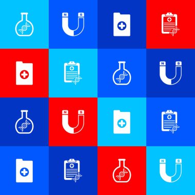 DNA araştırması, arama, mıknatıs, klinik kaydı ve analiz simgesi içeren panoyu ayarla. Vektör.