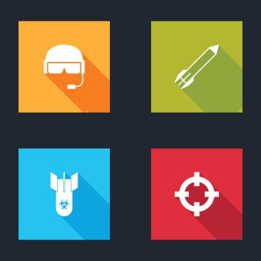 Askeri miğfer, roket, biyolojik tehlike bombası ve hedef spor ikonu. Vektör.