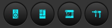 Stereo hoparlörünü, buzdolabını, dikiş makinesini ve elektrikli matkap ikonunu ayarla. Vektör.