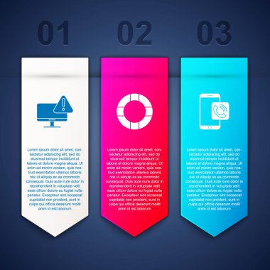 Monitörü ünlem işareti, Lifebuoy ve cep telefonu çağrısı ile ayarla. Ticari bilgi şablonu. Vektör.