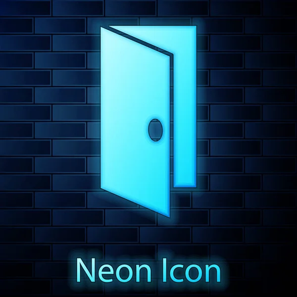 Glödande Neon Stängd Dörr Ikon Isolerad Tegel Vägg Bakgrund Vektor — Stock vektor