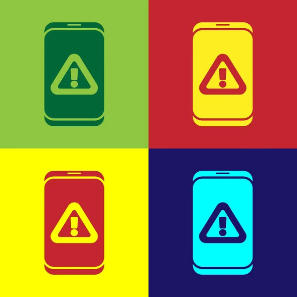 Pop Art Handy Mit Ausrufezeichen Symbol Auf Farbigem Hintergrund Alarmmeldung — Stockvektor