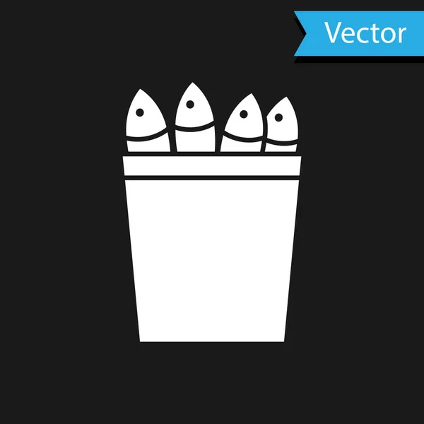 Cubo Pesca Blanco Con Peces Icono Aislado Sobre Fondo Negro — Vector de stock