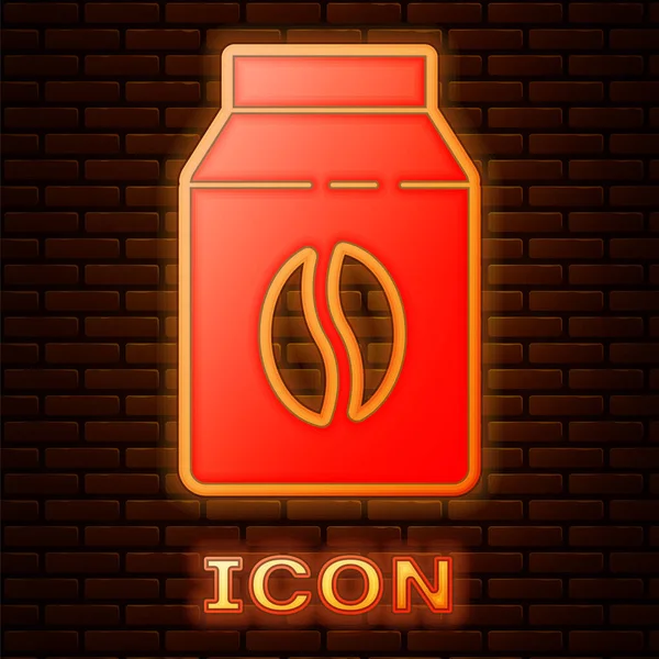 Tuğla duvar arkasında parlayan neon renkli kahve çekirdeği ikonu. Vektör.