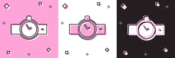 Set Polshorloge Pictogram Geïsoleerd Roze Witte Zwarte Achtergrond Een Horloge — Stockvector