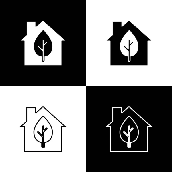 Set Eco Friendly House Icon Isolated Black White Background Eco — Stock Vector