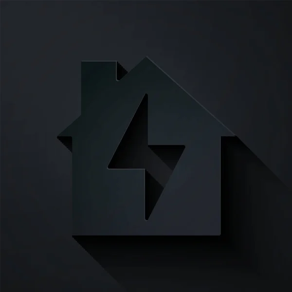 Papiergeschnittenes Haus Und Blitzsymbol Isoliert Auf Schwarzem Hintergrund Heizenergie Papierkunst — Stockvektor