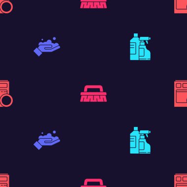 Şişeleri temizleme ajansı için hazırla, ellerini sabunla yıka, fırçala ve bulaşık makinesini kusursuz şekilde yıka. Vektör.