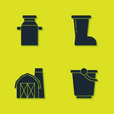 Süt, kova, çiftlik evi ve su geçirmez lastik bot ikonu için konteynır ayarla. Vektör.
