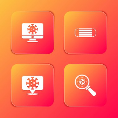 Virüs istatistiklerini monitöre, tıbbi koruyucu maskeye, Corona virüsünün bulunduğu yere ve büyüteç simgesine ayarla. Vektör.