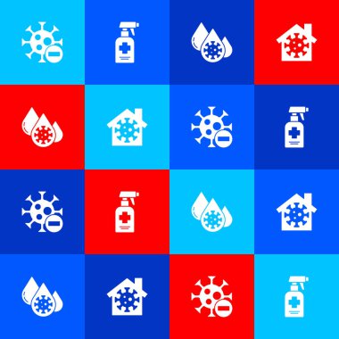 Negatif virüsü, sıvı antibakteriyel sabunu, kan testini ve evde kalma ikonunu ayarla. Vektör.