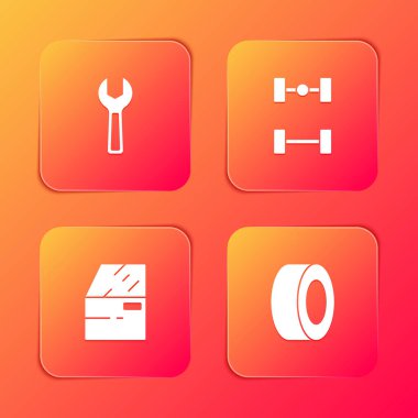 İngiliz anahtarını, Chassis arabasını, araba kapısını ve lastik ikonunu ayarla. Vektör.