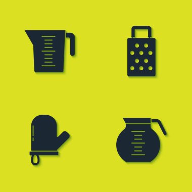 Ölçme kabı, kahve demliği, fırın eldiveni ve Grater ikonu. Vektör.