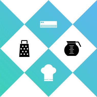 Grater, Chef şapkası, klima ve kahve demliği ikonu. Vektör.