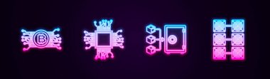 Kripto para birimini devrede, işlemci, kazık ve madencilik çiftliğinde ayarla. Parlayan neon ikonu. Vektör.