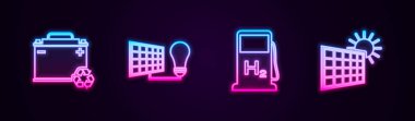 Geri dönüşümlü araba aküsü, güneş enerjisi paneli, ampul, hidrojen dolum istasyonu ve güneşe ayarlayın. Parlayan neon ikonu. Vektör.