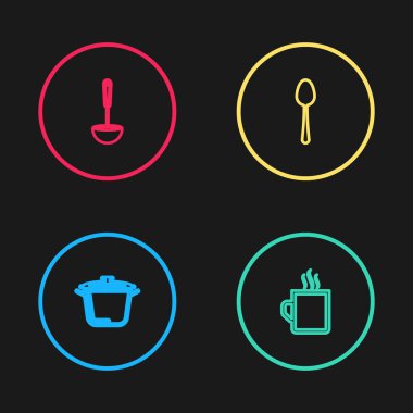 Yemek pişirme kabı, kahve fincanı, kaşık ve mutfak kepçesi ikonu. Vektör.