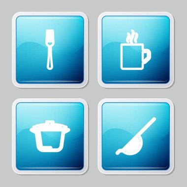 Set hattı Fork, kahve fincanı, tencere ve mutfak süzgeci ikonu. Vektör.