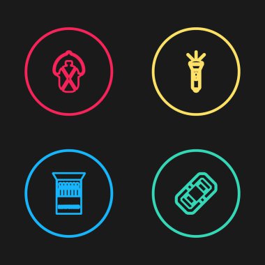 Hattı açın kibrit kutusu ve kibritler, Rafting botu, el feneri ve kantin su şişesi ikonu. Vektör.