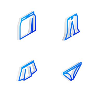 Isometric marka pantolon, etek ve erkek iç çamaşırı ikonu hazırla. Vektör.