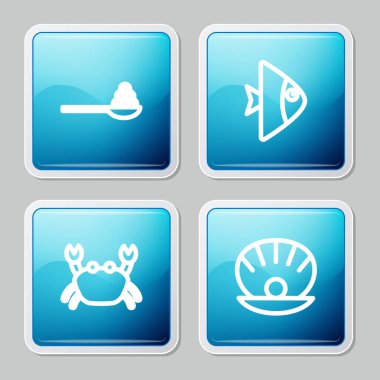 Havyarı kaşığa koy, balık, yengeç ve kabuğu inci ikonuyla. Vektör