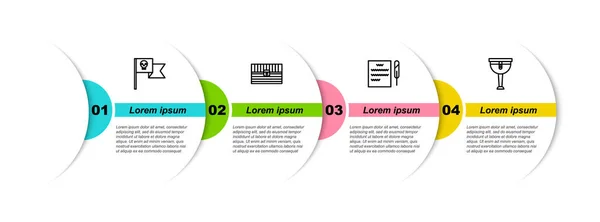 Set Linie Piratenfahne Mit Totenkopf Antike Schatztruhe Federhalter Und Schriftrolle — Stockvektor
