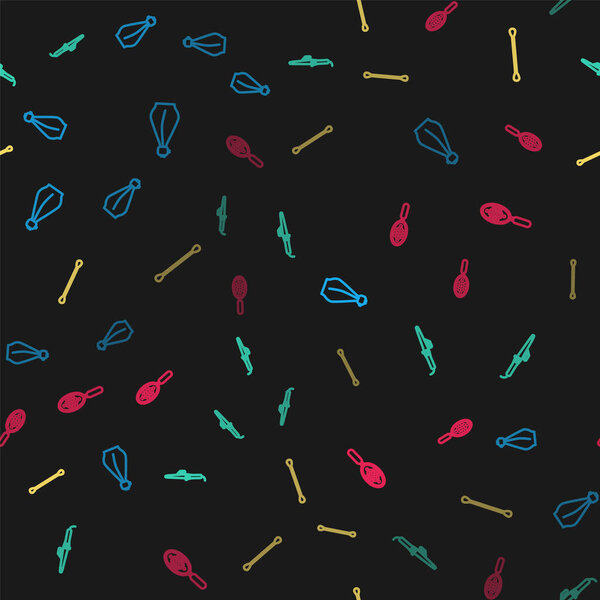 Установить линию духи, утюг для завивки, ватный тампон для ушей и расческа на бесшовный рисунок. Вектор.