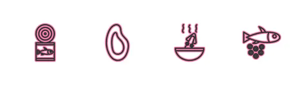 设置线罐头鱼 汤与章鱼 贻贝和鱼鱼子酱图标 — 图库矢量图片