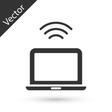 Gri kablosuz dizüstü bilgisayar simgesi beyaz arkaplanda izole edildi. İnternet kavramının kablosuz bağlantısı. Vektör.