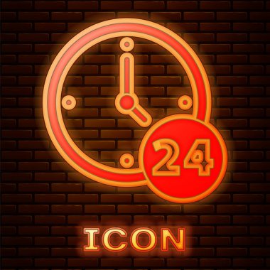 Parlayan neon saat. Duvarın arkasında 24 saat izole edilmiş bir ikon. Tüm gün döngü simgesi. 24 saat hizmet sembolü. Vektör.