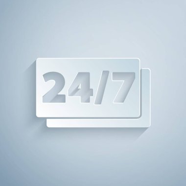 Kağıt kesiği Saat 24 saat simgesi gri arkaplanda izole. Tüm gün döngü simgesi. 24 saat hizmet sembolü. Kağıt sanatı tarzı. Vektör.