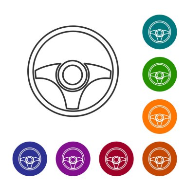 Siyah çizgili direksiyon simgesi beyaz arkaplanda izole edilmiş. Araba tekeri ikonu. Simgeleri renk daire düğmelerine ayarla. Vektör.