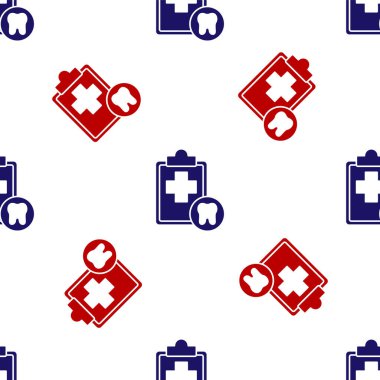 Diş kartı ya da hasta tıbbi kayıtları olan mavi ve kırmızı pano beyaz arka planda izole edilmiş pürüzsüz desen. Diş sigortası. Diş sağlığı kliniği raporu. Vektör.
