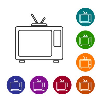 Siyah çizgi Retro TV simgesi beyaz arkaplanda izole edildi. Televizyon tabelası. Simgeleri renk daire düğmelerine ayarla. Vektör.