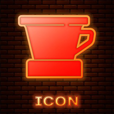 Parlayan neon renkli V60 kahve makinesi ikonu tuğla duvar arkasında izole edilmiş. Vektör.