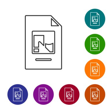 Beyaz arkaplanda resimleme simgesine sahip siyah çizgi dosyası. Kontrol listesi simgesi. İş konsepti. Simgeleri renk daire düğmelerine ayarla. Vektör.